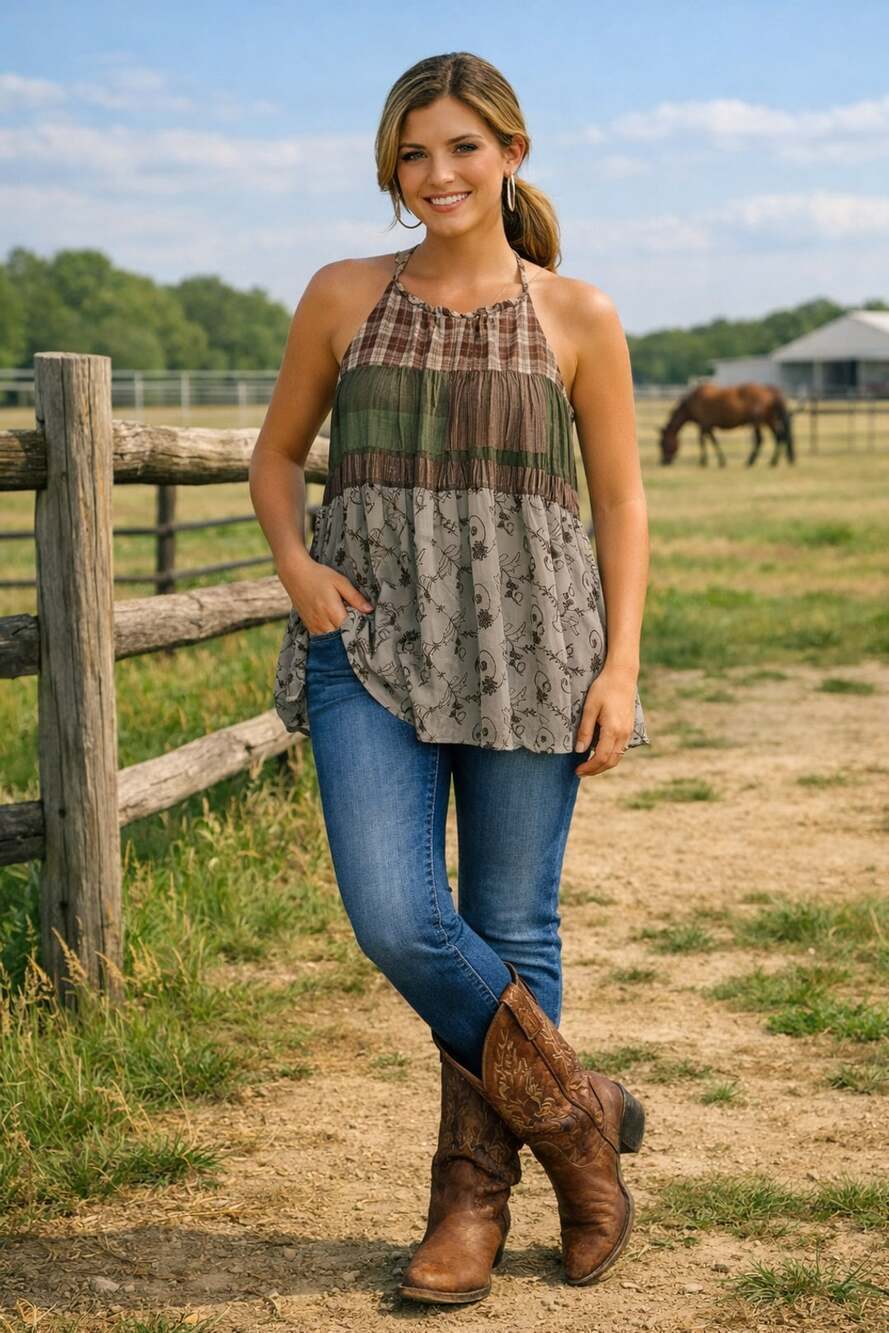 Free People Bohemian Patchwork Plaid Halter Tank Tunic Top XS